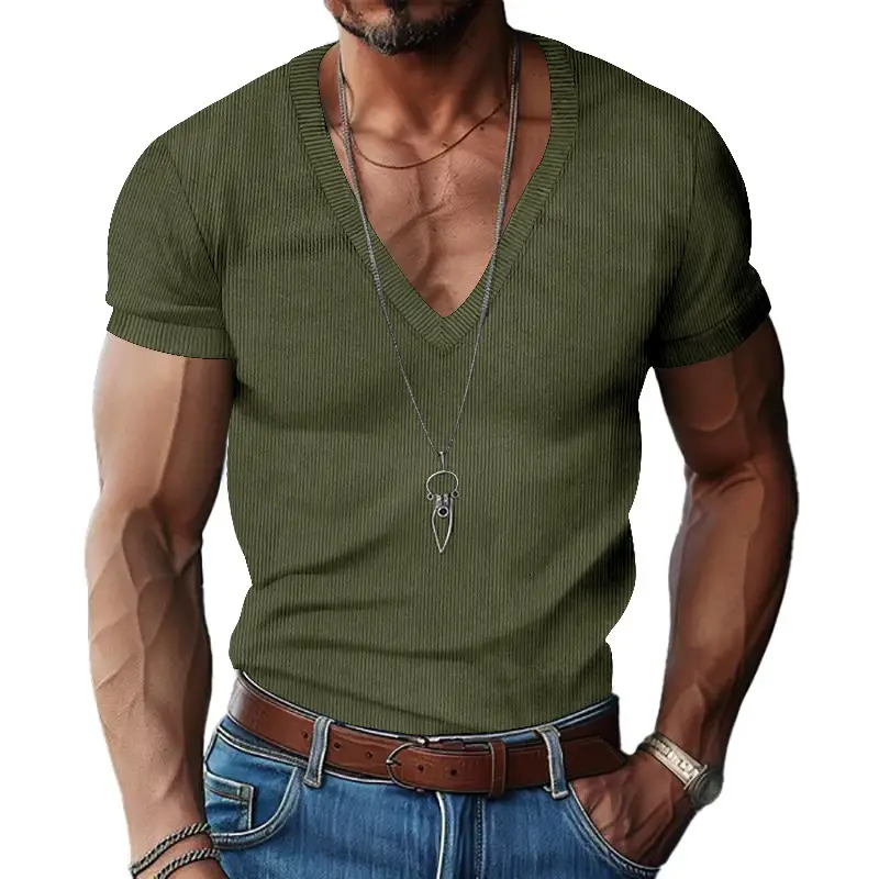 Men V-neck Corduroy T-Shirt Black Slim Fit Summer — feature 21