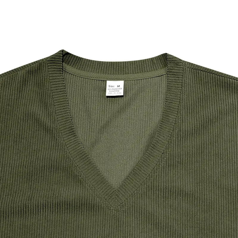Men V-neck Corduroy T-Shirt Black Slim Fit Summer — feature 26