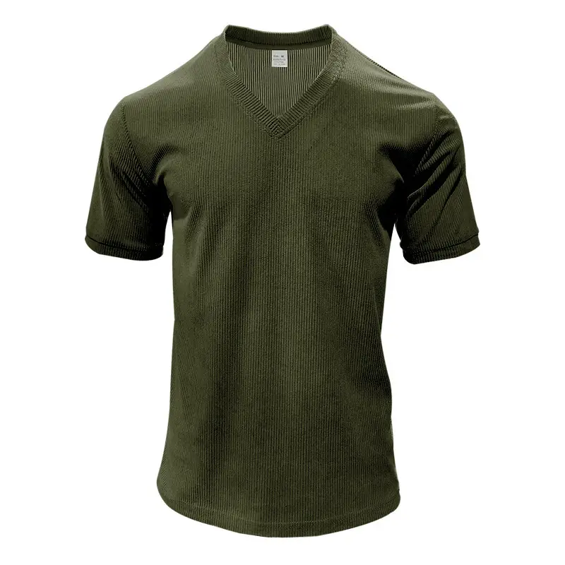 Men V-neck Corduroy T-Shirt Black Slim Fit Summer — feature 28