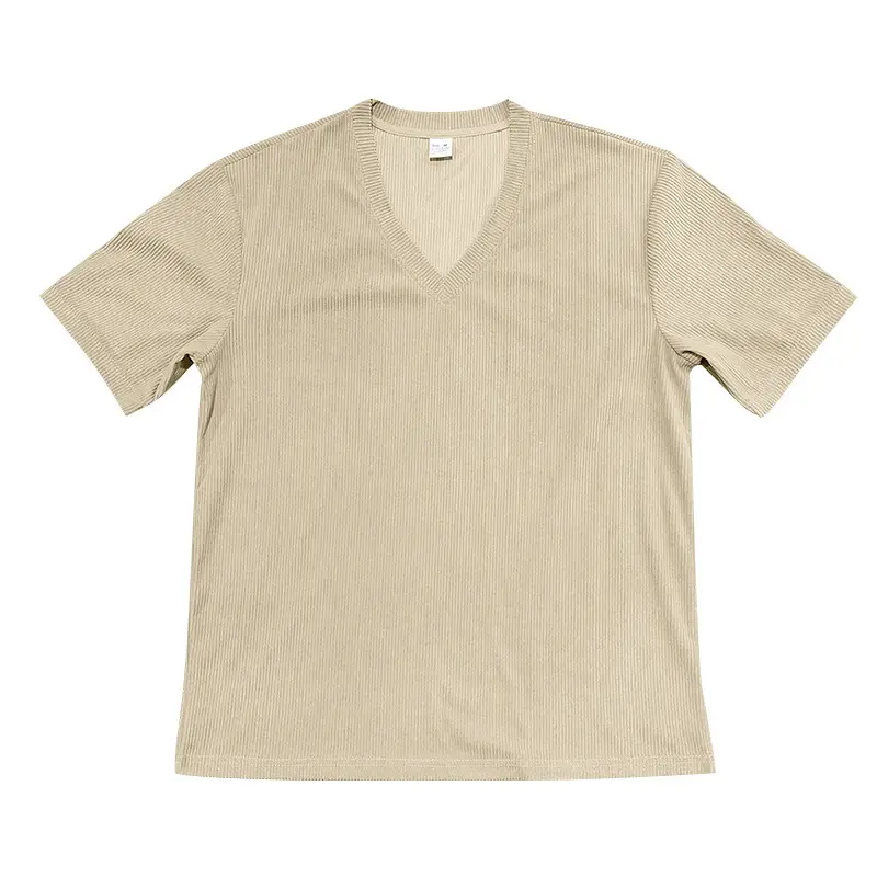Men V-neck Corduroy T-Shirt Black Slim Fit Summer — feature 32