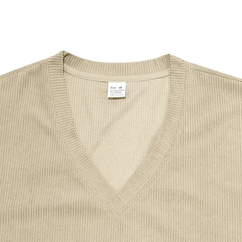 Men V-neck Corduroy T-Shirt Black Slim Fit Summer — feature 35