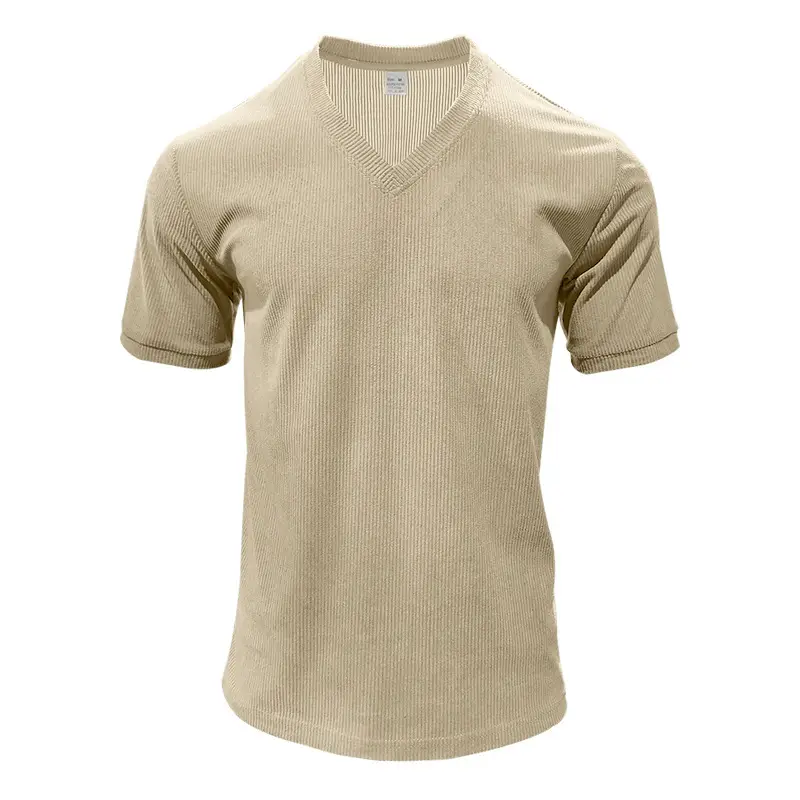 Men V-neck Corduroy T-Shirt Black Slim Fit Summer — feature 37