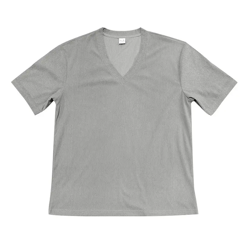 Men V-neck Corduroy T-Shirt Black Slim Fit Summer — feature 41