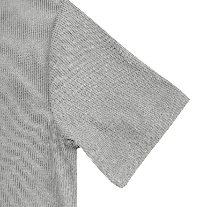 Men V-neck Corduroy T-Shirt Black Slim Fit Summer — feature 43