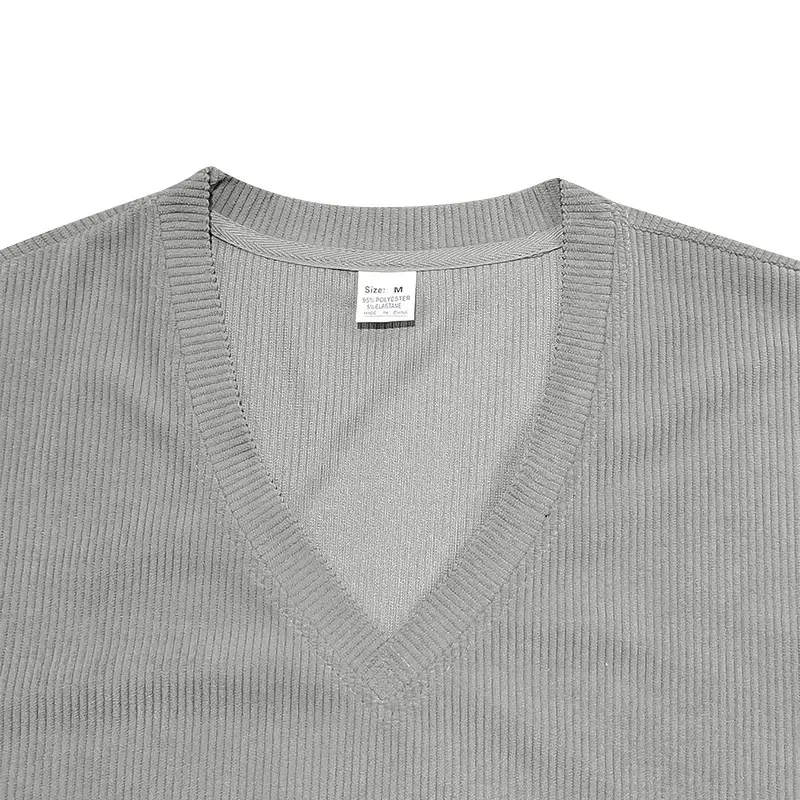 Men V-neck Corduroy T-Shirt Black Slim Fit Summer — feature 44