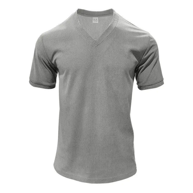 Men V-neck Corduroy T-Shirt Black Slim Fit Summer — feature 46