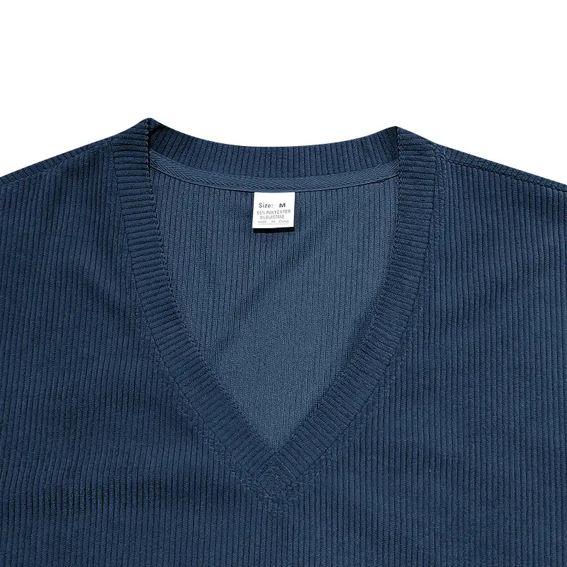 Men V-neck Corduroy T-Shirt Black Slim Fit Summer — feature 8