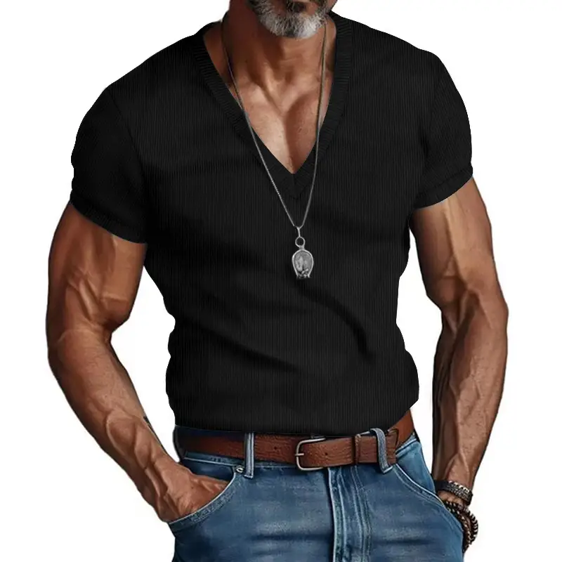 Men V-neck Corduroy T-Shirt Black Slim Fit Summer