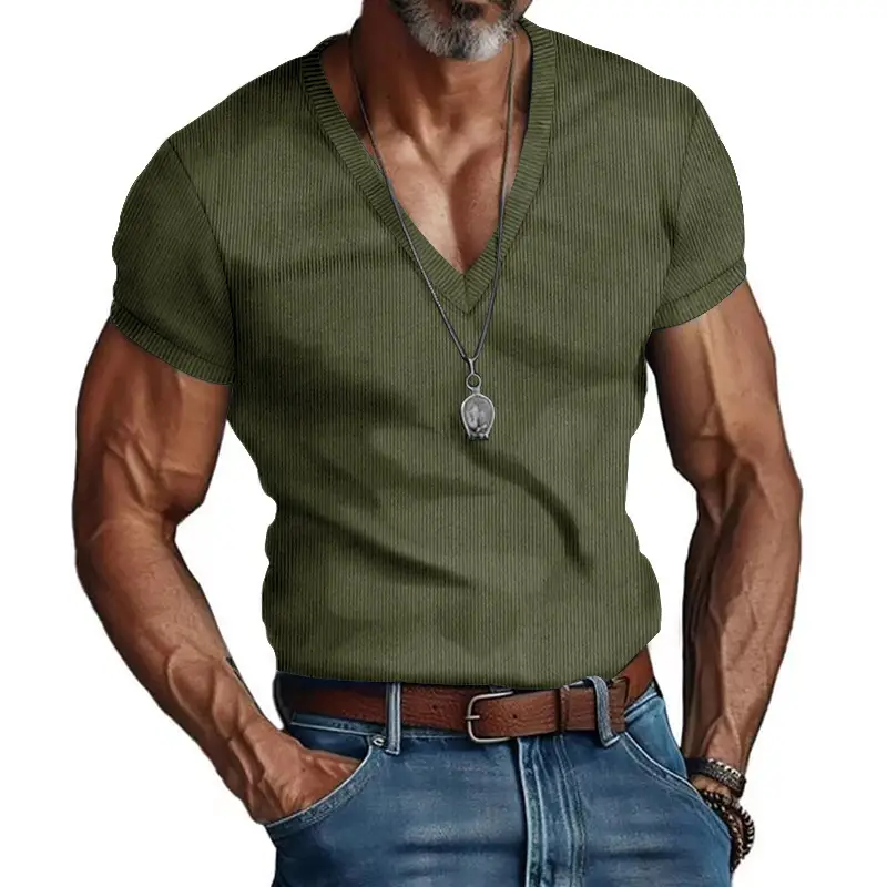 Men V-neck Corduroy T-Shirt Black Slim Fit Summer