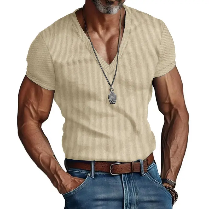 Men V-neck Corduroy T-Shirt Black Slim Fit Summer