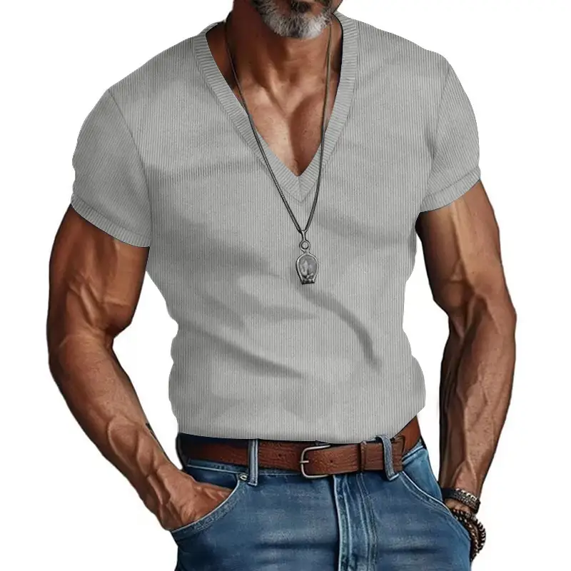Men V-neck Corduroy T-Shirt Black Slim Fit Summer