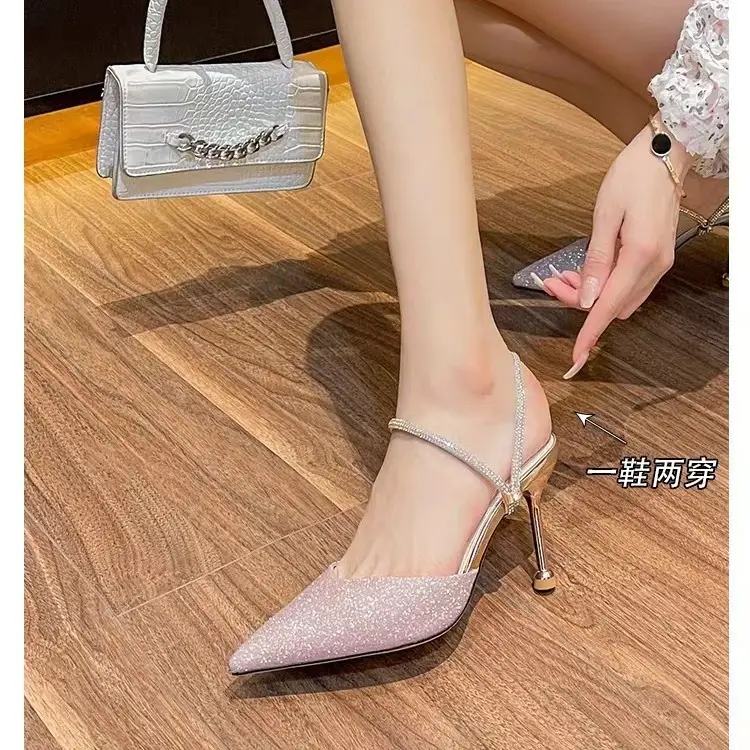 High Heels Women's 2025 Summer New Style Rhinestone Stiletto Heels Shallow Mouth Half Slippers Two-Wear Slippers Outer Wear High Heel Sandals for Women - Image 4