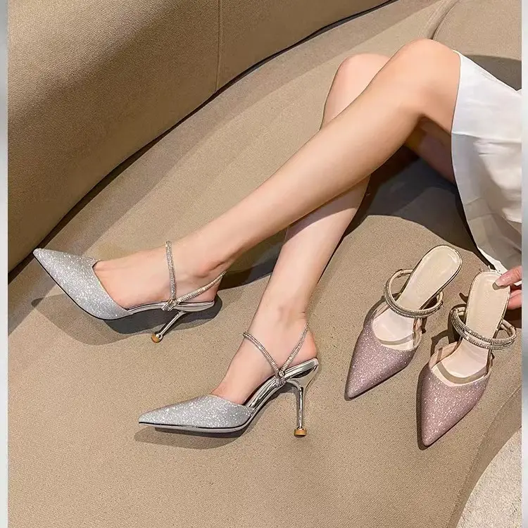 High Heels Women's 2025 Summer New Style Rhinestone Stiletto Heels Shallow Mouth Half Slippers Two-Wear Slippers Outer Wear High Heel Sandals for Women - Image 6