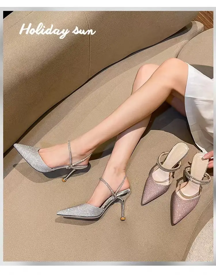 High Heels Women's 2025 Summer New Style Rhinestone Stiletto Heels Shallow Mouth Half Slippers Two-Wear Slippers Outer Wear High Heel Sandals for Women — feature 1