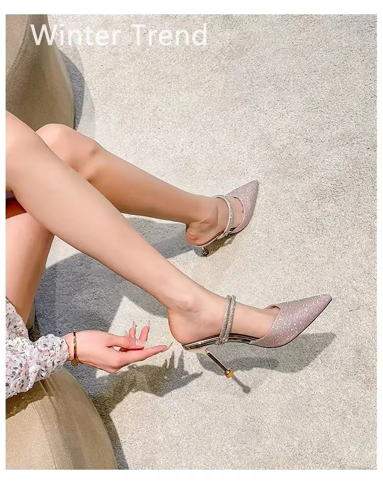High Heels Women's 2025 Summer New Style Rhinestone Stiletto Heels Shallow Mouth Half Slippers Two-Wear Slippers Outer Wear High Heel Sandals for Women — feature 2