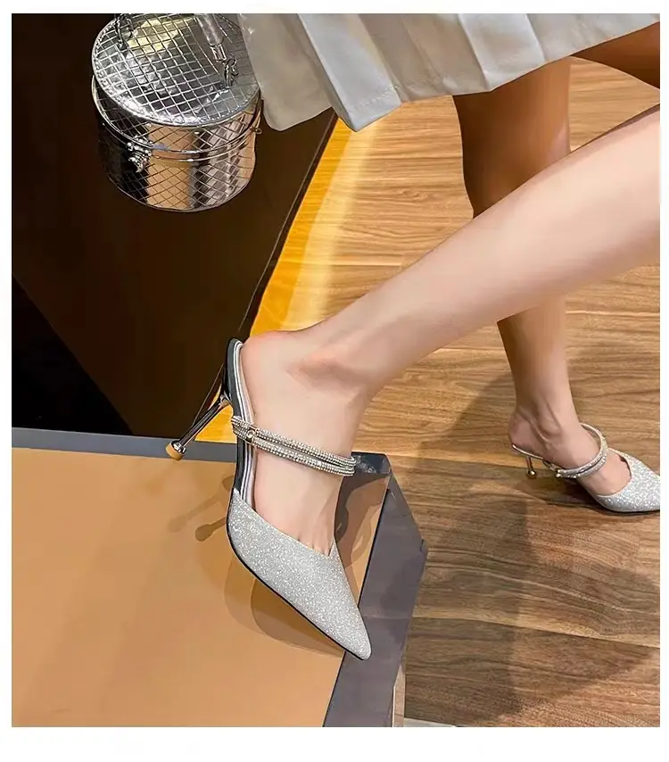High Heels Women's 2025 Summer New Style Rhinestone Stiletto Heels Shallow Mouth Half Slippers Two-Wear Slippers Outer Wear High Heel Sandals for Women — feature 6