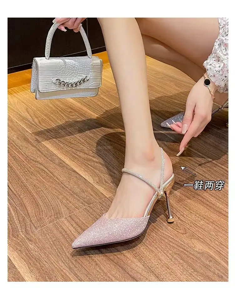 High Heels Women's 2025 Summer New Style Rhinestone Stiletto Heels Shallow Mouth Half Slippers Two-Wear Slippers Outer Wear High Heel Sandals for Women - Image 2