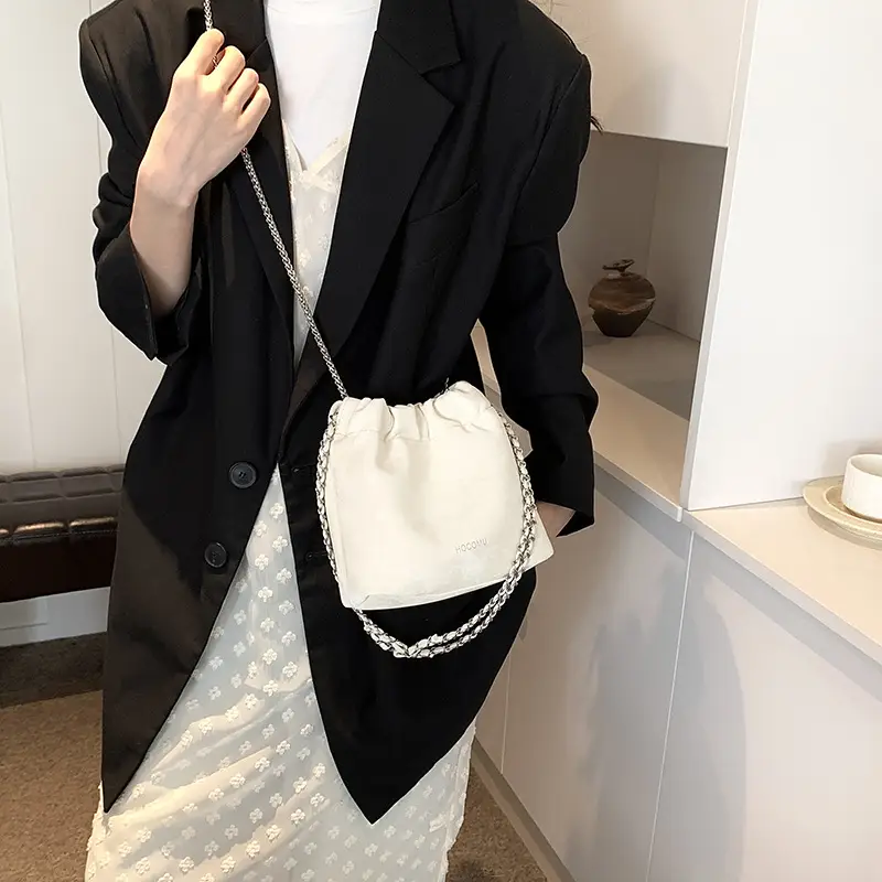 Women's Chain Shoulder Bag Cream Satin Bucket Style - Image 6