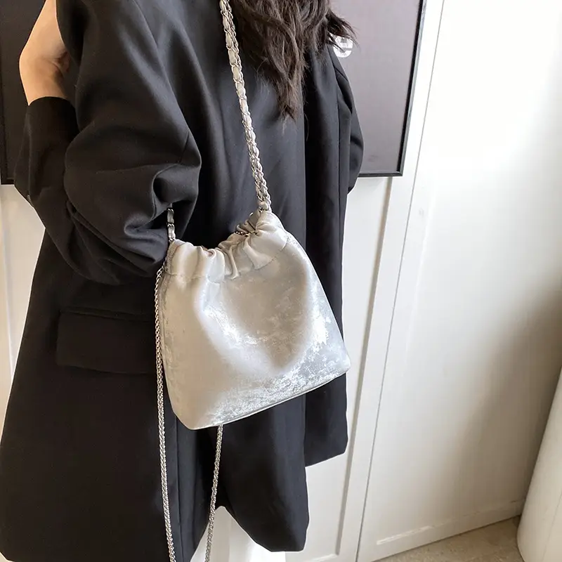 Women's Chain Shoulder Bag Cream Satin Bucket Style - Image 7