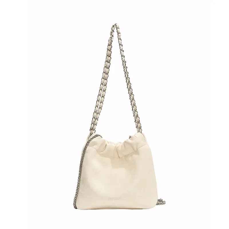 Women's Chain Shoulder Bag Cream Satin Bucket Style - Image 9