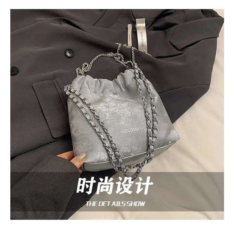 Women's Chain Shoulder Bag Cream Satin Bucket Style — feature 10