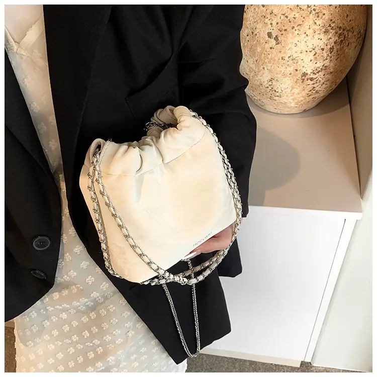 Women's Chain Shoulder Bag Cream Satin Bucket Style — feature 14