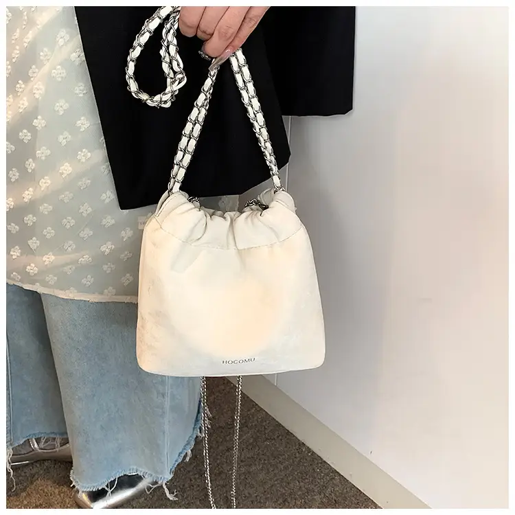 Women's Chain Shoulder Bag Cream Satin Bucket Style — feature 16