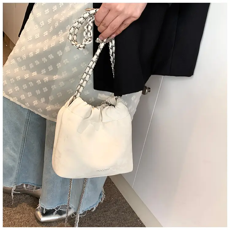 Women's Chain Shoulder Bag Cream Satin Bucket Style — feature 17