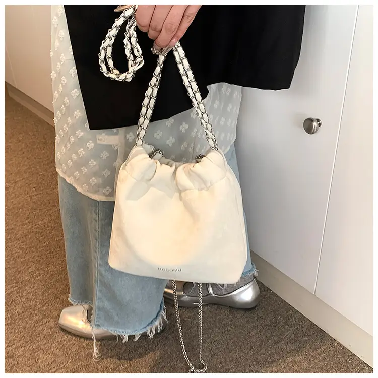 Women's Chain Shoulder Bag Cream Satin Bucket Style — feature 19