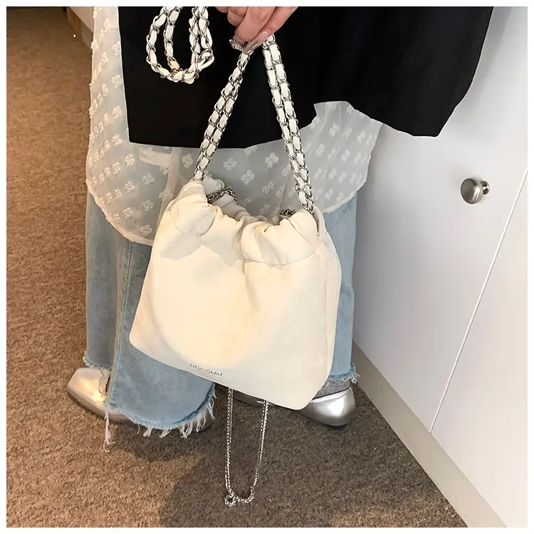 Women's Chain Shoulder Bag Cream Satin Bucket Style — feature 20