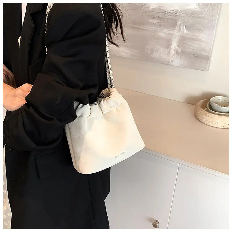 Women's Chain Shoulder Bag Cream Satin Bucket Style — feature 21