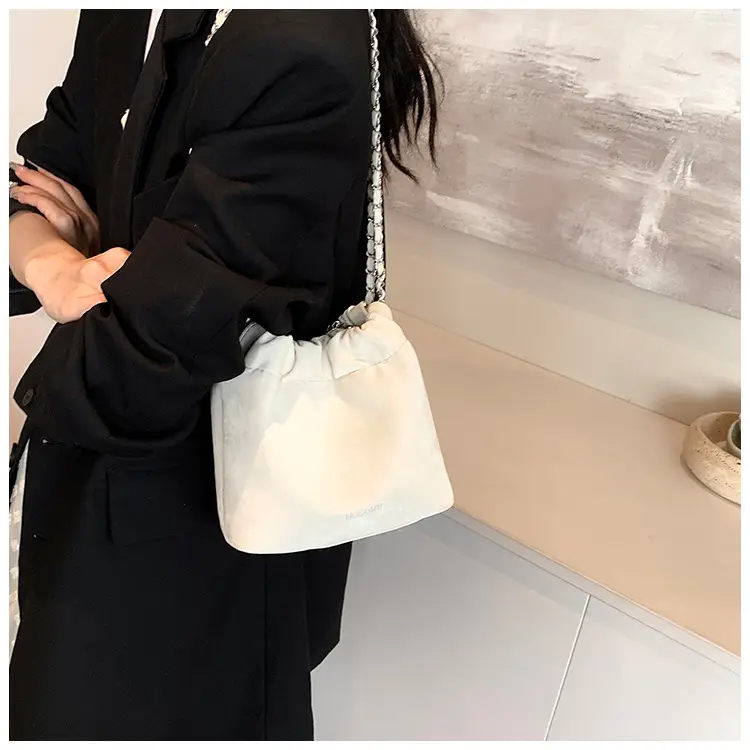Women's Chain Shoulder Bag Cream Satin Bucket Style — feature 22