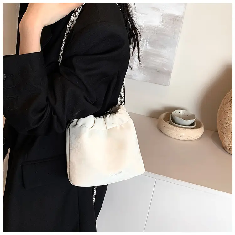Women's Chain Shoulder Bag Cream Satin Bucket Style — feature 24