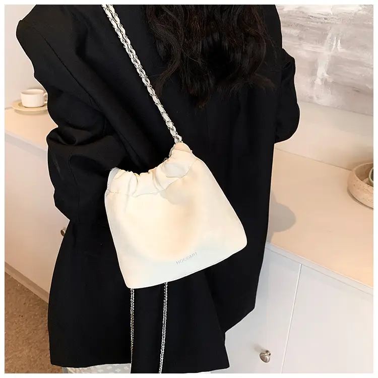 Women's Chain Shoulder Bag Cream Satin Bucket Style — feature 25