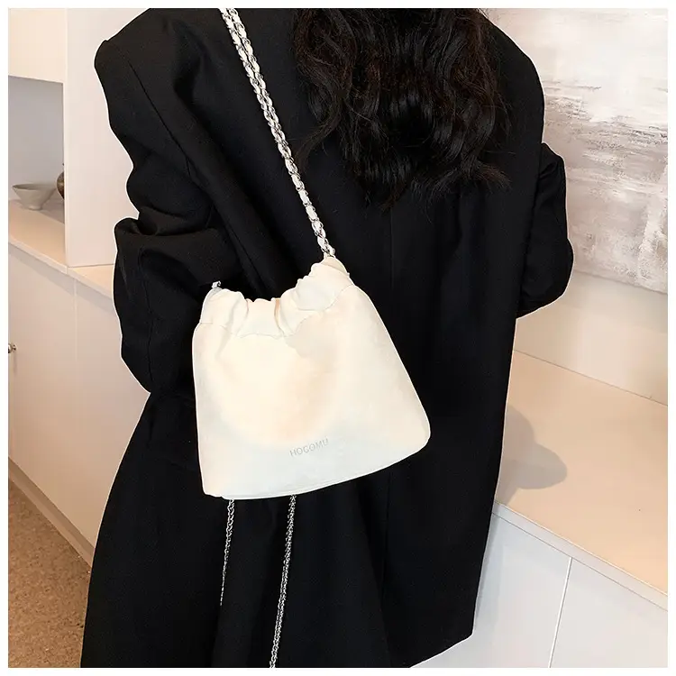 Women's Chain Shoulder Bag Cream Satin Bucket Style — feature 26