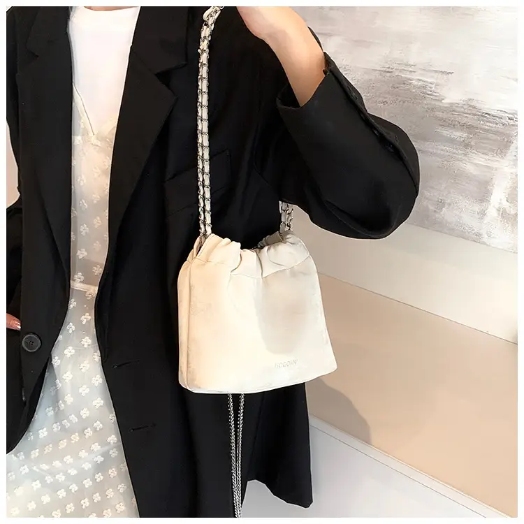 Women's Chain Shoulder Bag Cream Satin Bucket Style — feature 28