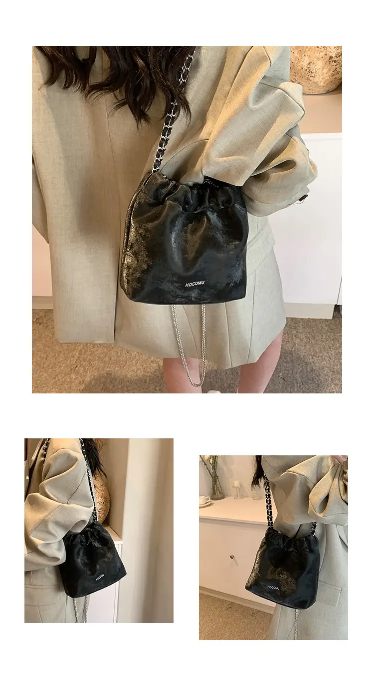Women's Chain Shoulder Bag Cream Satin Bucket Style — feature 3