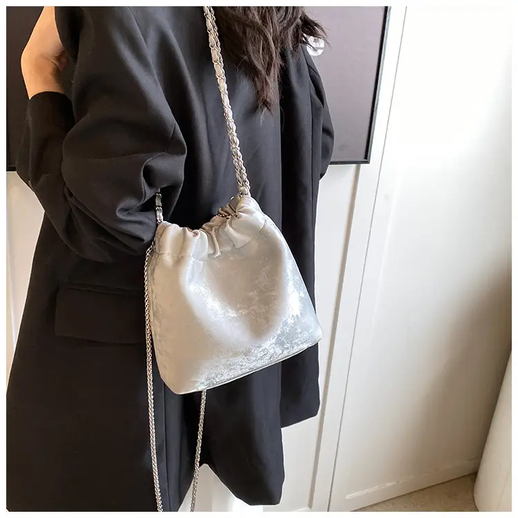 Women's Chain Shoulder Bag Cream Satin Bucket Style — feature 36