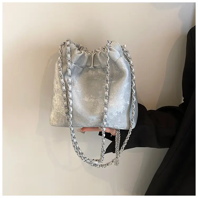 Women's Chain Shoulder Bag Cream Satin Bucket Style — feature 37
