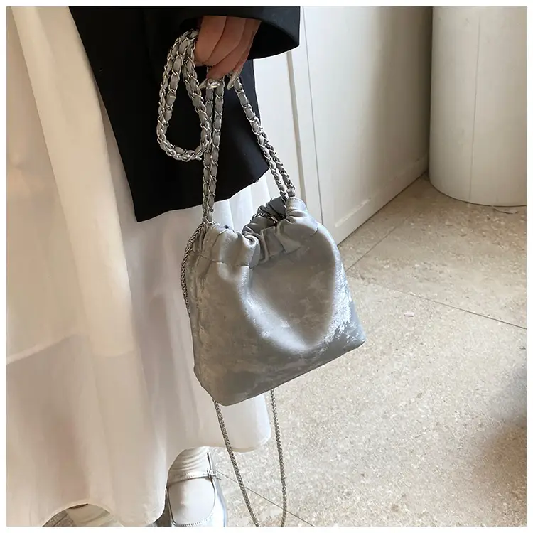 Women's Chain Shoulder Bag Cream Satin Bucket Style — feature 39