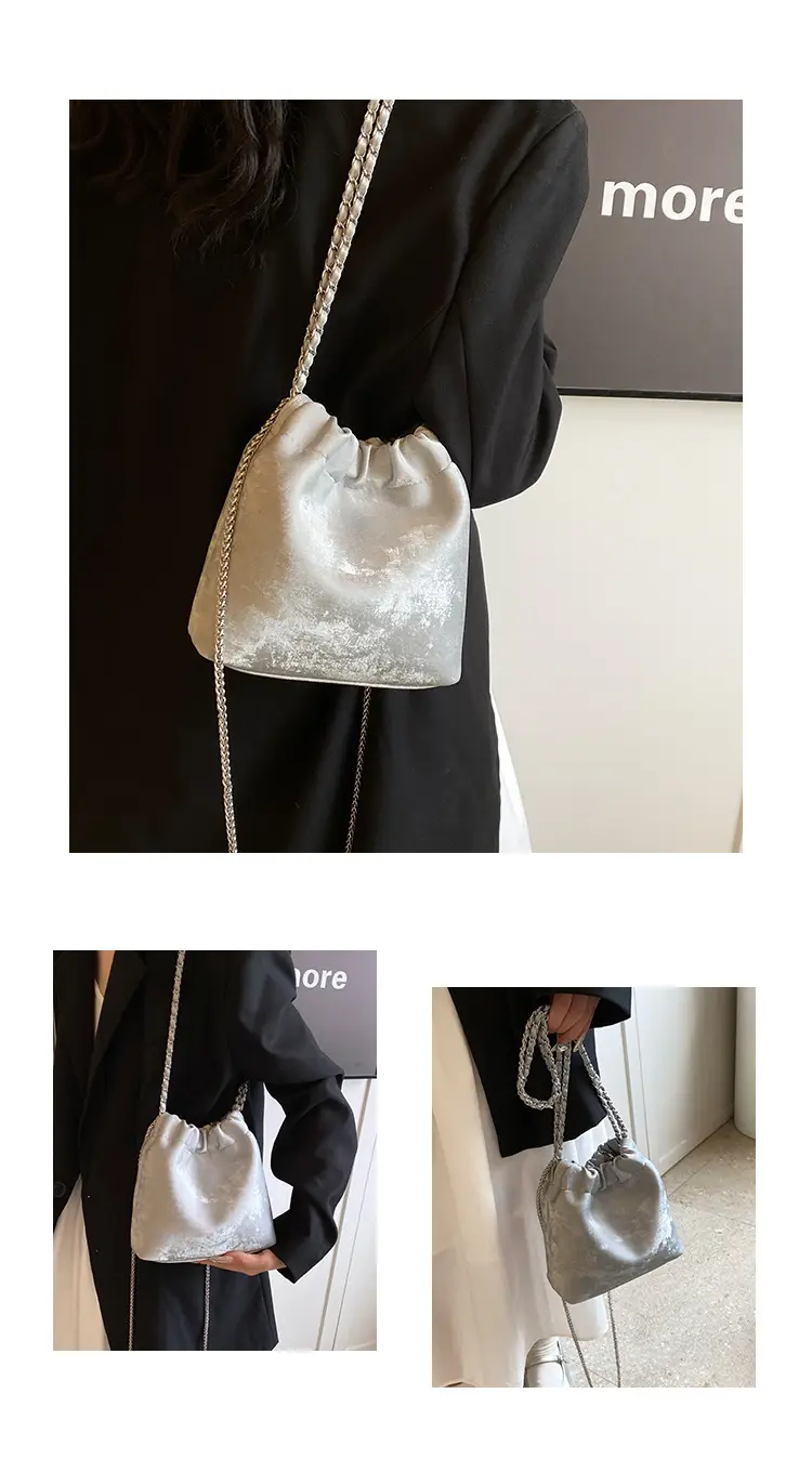 Women's Chain Shoulder Bag Cream Satin Bucket Style — feature 4