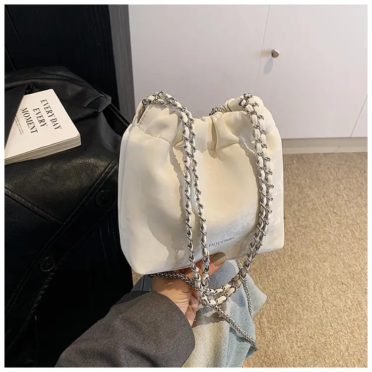 Women's Chain Shoulder Bag Cream Satin Bucket Style — feature 43