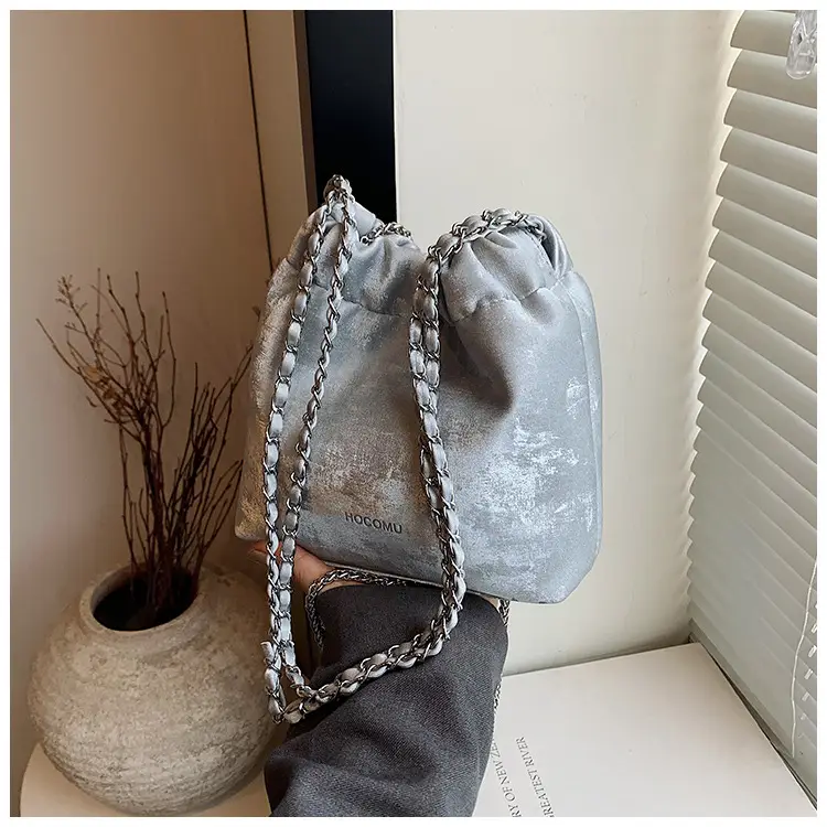 Women's Chain Shoulder Bag Cream Satin Bucket Style — feature 48