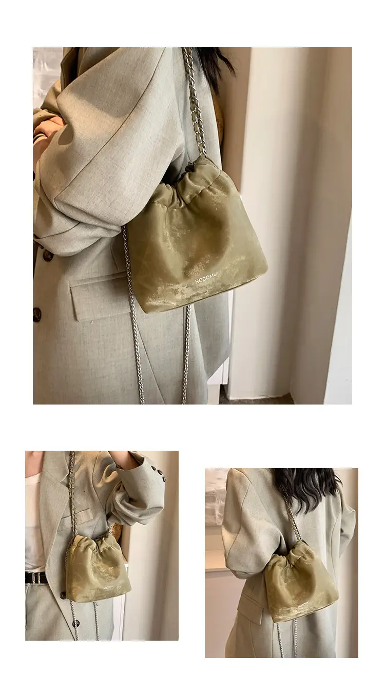 Women's Chain Shoulder Bag Cream Satin Bucket Style — feature 5