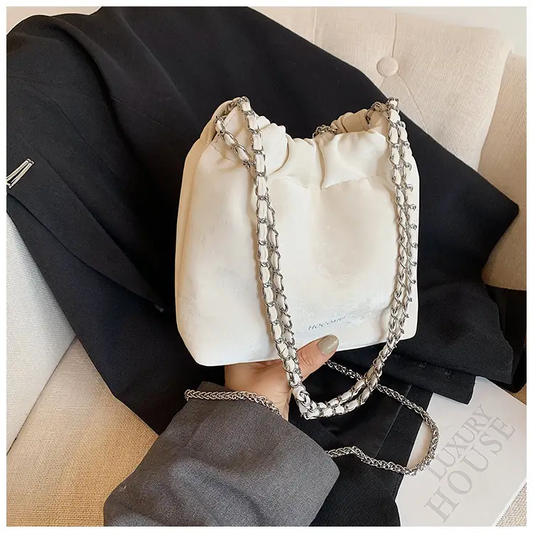Women's Chain Shoulder Bag Cream Satin Bucket Style — feature 50
