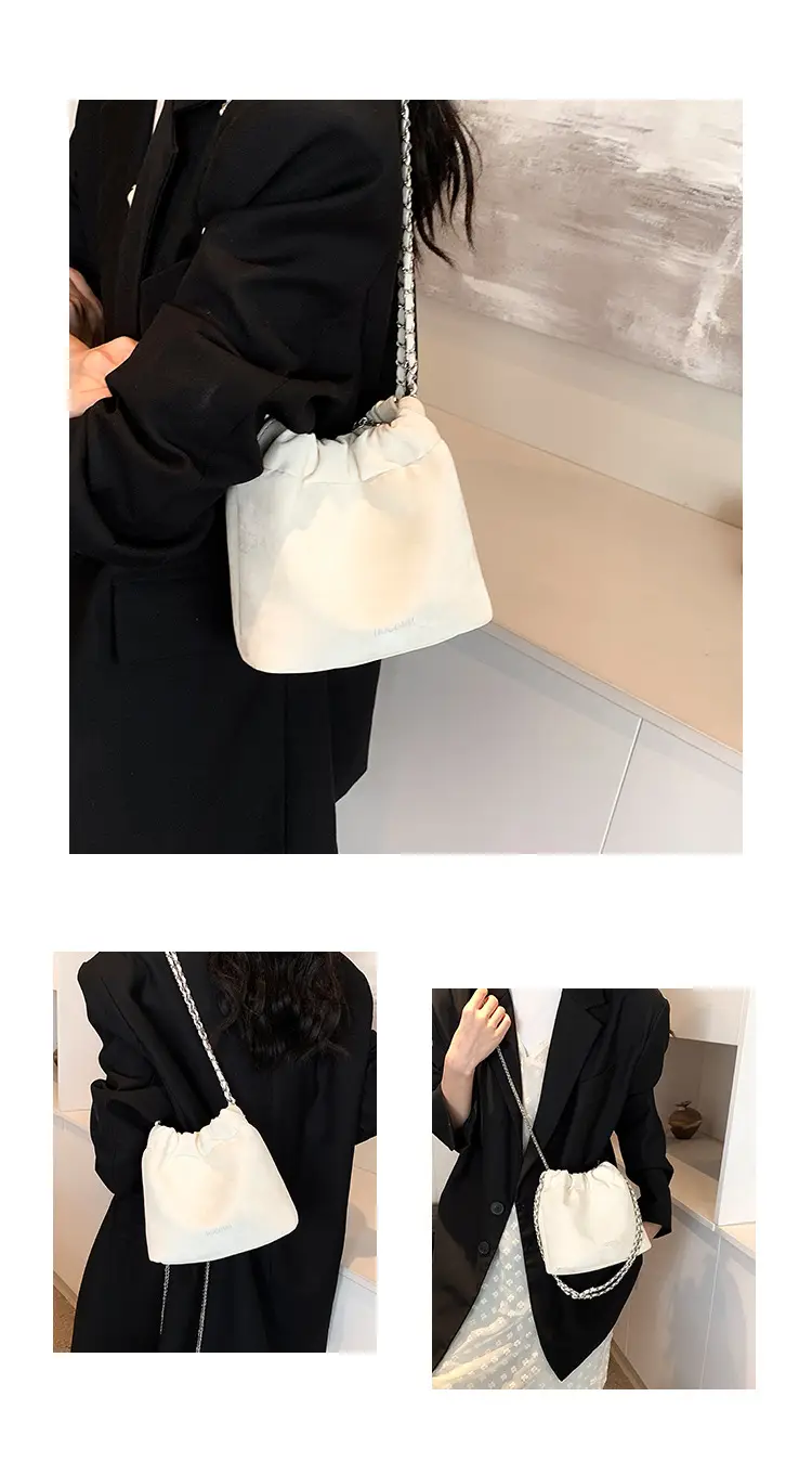 Women's Chain Shoulder Bag Cream Satin Bucket Style — feature 6