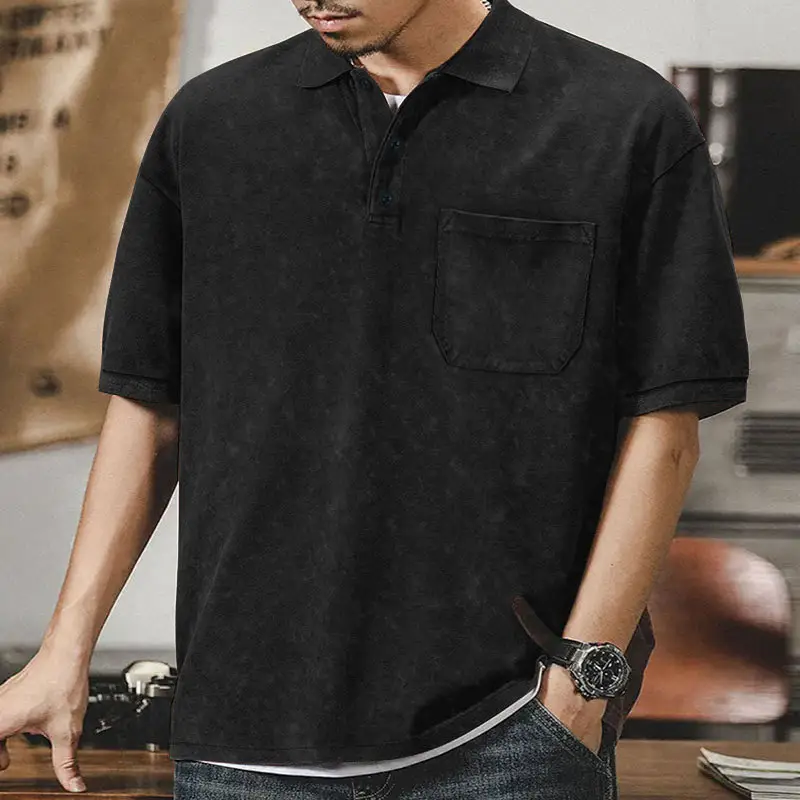Men's Green Lapel T-Shirt Short Sleeve Retro Wash