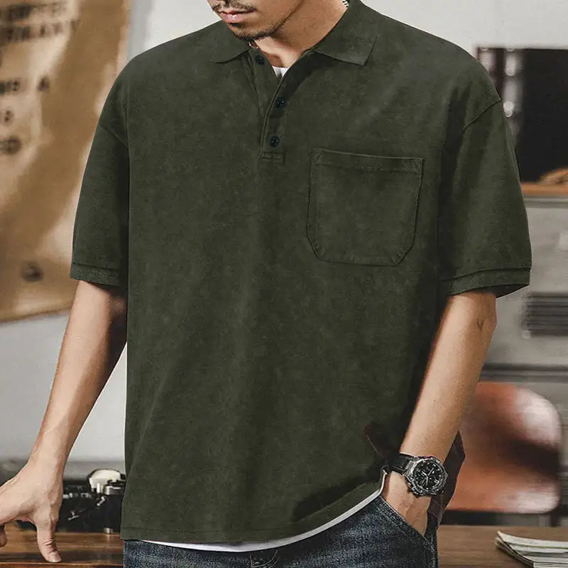 Men's Green Lapel T-Shirt Short Sleeve Retro Wash