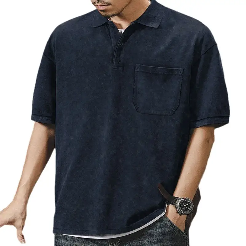 Men's Green Lapel T-Shirt Short Sleeve Retro Wash