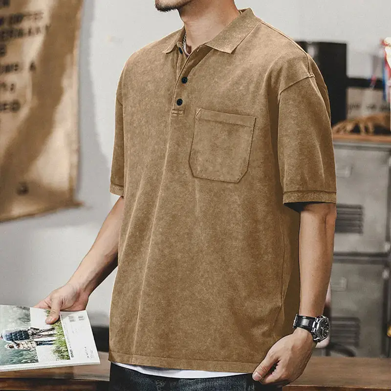 Men's Green Lapel T-Shirt Short Sleeve Retro Wash — feature 14